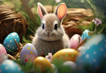 photo happy bunny with many easter eggs on grass festive background for decorative design
