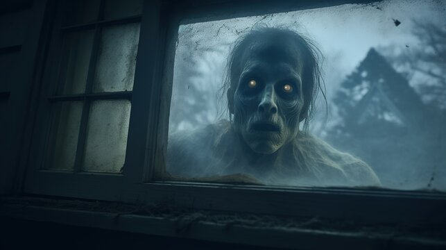 Undead with glowing eyes. Zombie peeks through the window and looks at you. A dark spirit. Fear concept. Horror scene. Illustration for banner, poster, cover, brochure or presentation.