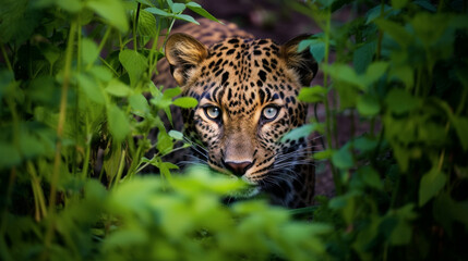A rare and elusive Amur Leopard stealthily navigating through a dense thicket Generative AI