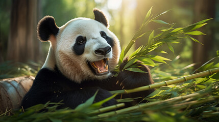 An enchanting Giant Panda leisurely munching on bamboo shoots in a serene bamboo forest Generative AI