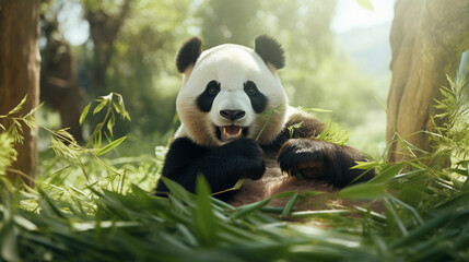 Obraz premium An enchanting Giant Panda leisurely munching on bamboo shoots in a serene bamboo forest Generative AI