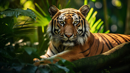 Obraz premium A striking Bengal Tiger basking in the dappled sunlight, its fiery stripes contrasting against lush foliage Generative AI