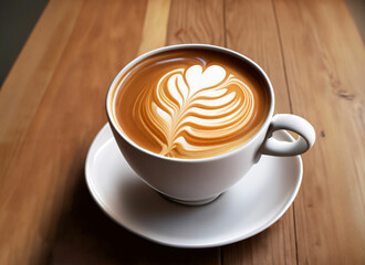 Close up white coffee cup with heart shape latte art on wood tab