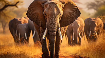 A regal African Elephant strolling majestically across the savannah, surrounded by its herd Generative AI