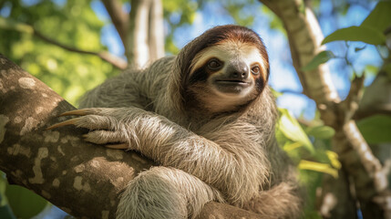 Fototapeta premium An endearing Pygmy Three-Toed Sloth relaxing in the lush mangroves of Isla Escudo de Veraguas Generative AI