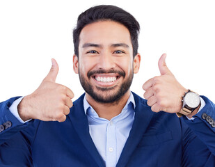Happy asian man, portrait and thumbs up for winning, approval or success against a white studio...