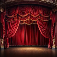 Illustration of a stage with a red curtain and a clock, Generative AI