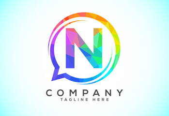 Low poly English alphabet with a bubble chat icon. Talking chatting logo concept