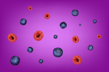 Berry background. Vector illustration of raspberries and blueberries. Juicy berry mix on a bright background. Realism. Berries in motion with blur effect.