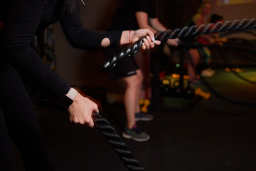 Fototapeta na wymiar Close up of black battle rope on a gray backgound. Sport and fitness equipment. Functional training.