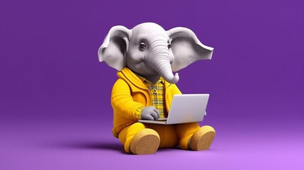 Illustration of a small elephant sitting at the laptop computer
