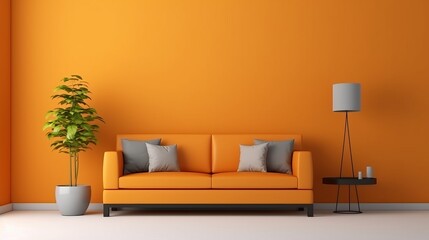 Illustration of a vibrant living room with an orange wall and a orange couch