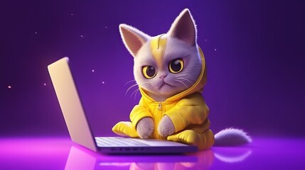 Illustration of a cat sitting at the laptop computer