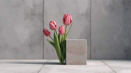 Abstract composition of concrete props and tulips