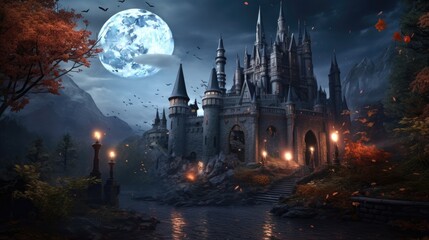 Obraz premium Gloomy gothic castles against the backdrop of the moon at night
