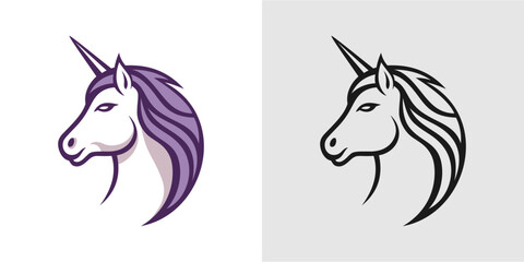 Unicorn head profile purple and black monochrome outline logo for t shirt print set vector