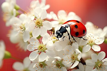 Ladybug on a branch of cherry blossoms in the spring. A beautiful ladybug sitting on a white flower, AI Generated - Powered by Adobe