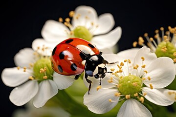 ladybug on a white flower on a dark background close up, A beautiful ladybug sitting on a white flower, AI Generated - Powered by Adobe