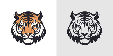 Strong tiger muzzle head color and black monochrome contour logo for t shirt print set vector flat
