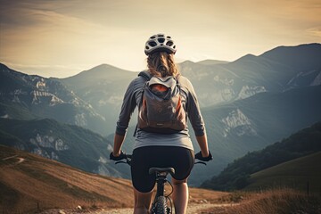 Rear view of a woman riding a mountain bike in the mountains. A female cyclist riding a cycle on the mountain, rear view, no visible faces, natural background, AI Generated - obrazy, fototapety, plakaty