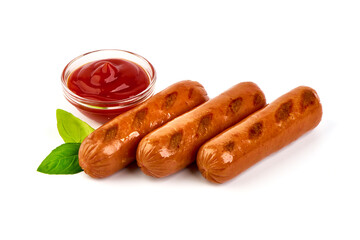 Grilled bratwurst Pork Sausages with basil leaves, close-up, isolated on white background.