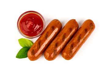 Grilled bratwurst Pork Sausages with basil leaves, close-up, isolated on white background.