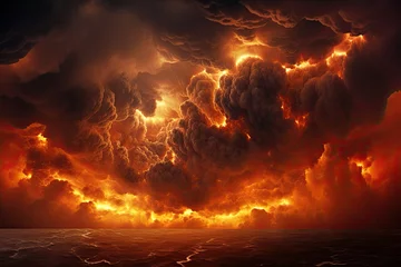 Foto op Canvas 3D illustration of a big stormy cloud with a lot of smoke, A fire hurricane ravages the cloudscape in the sky. A visual representation of climate change induced apocalypse, AI Generated © Ifti Digital