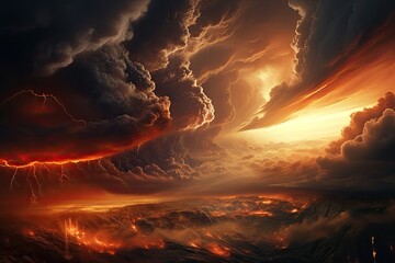 3D illustration of a stormy sky with lightning and storm clouds, A fire hurricane ravages the cloudscape in the sky. A visual representation of climate change induced apocalypse, AI Generated - obrazy, fototapety, plakaty