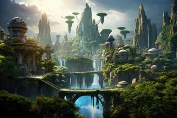 Wall murals Fantasy Landscape Fantasy landscape with fantasy alien planet and waterfall. 3d rendering, A futuristic metropolis nestled in a lush jungle, showcasing the harmony between nature and technology, AI Generated