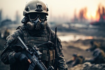 Portrait of a special forces soldier in a gas mask on the battlefield, A geared up army soldier stands and looks at the warfield, AI Generated
