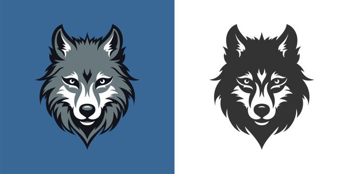 Wild wolf furry muzzle head portrait black sketch and color set logo for t shirt print vector flat