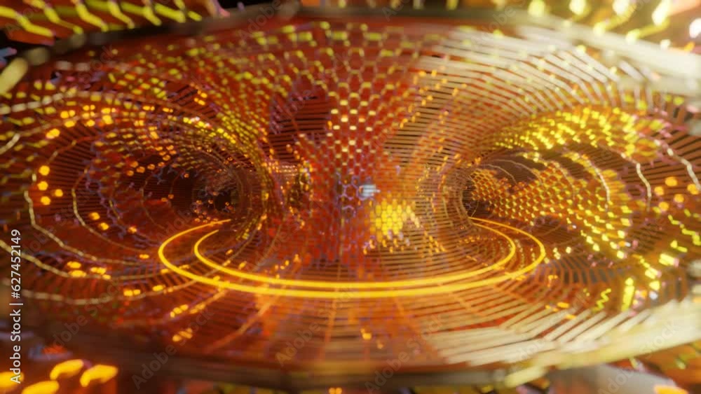 Poster loop 3d animation of the inside of the torus, rings of many hexagonal elements. a glowing spiral app