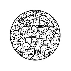 Funny faces in circle shape. Doodle vector illustration. Coloring book.