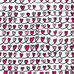 Seamless pattern with abstract pink hearts. Hand drawn ink print for fabric, textiles, wrapping paper. Vector illustration