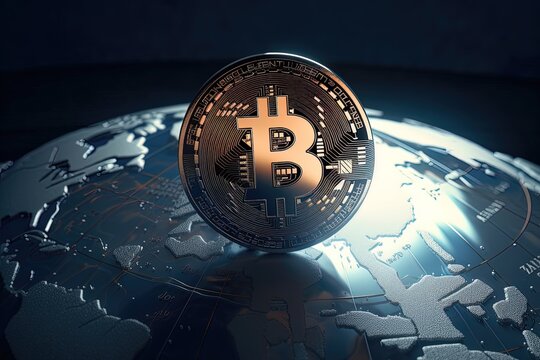 The bitcoin coin against the backdrop of the planet. Dark colors. Generative AI
