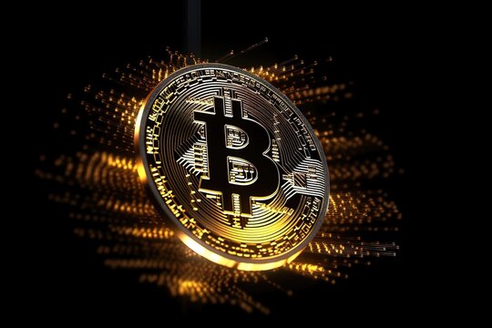 Gold bitcoin coin with sparks close-up on dark background. Generative AI