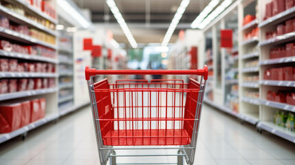 Empty supermarket trolley with shopping concept. Generative ai - obrazy, fototapety, plakaty