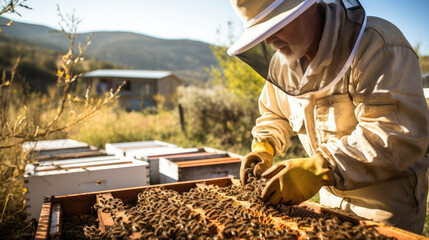 Employee dealing with bees and hives with beekeeping concept. Generative ai