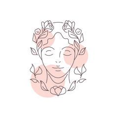 Romantic female portrait with hair flowers pink pastel spots line art beauty logo vector