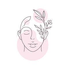 Female head with flowers leaves branch continuous line art beauty logo for skincare vector