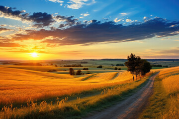 Obraz premium Long road and new plantation field view at sunset. Generative Aİ