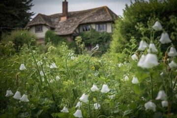 Green bed of peas, rustic cottage in the background., generative IA