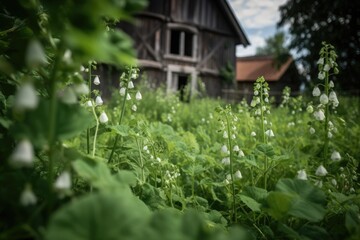 Fototapeta na wymiar Green bed of peas, rustic cottage in the background., generative IA