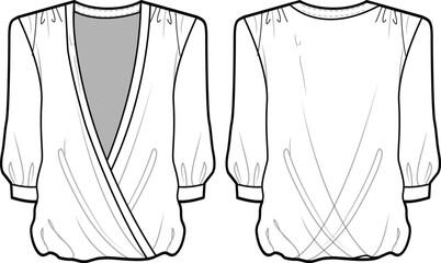 Women surplice blouse top design with three quarter sleeve details  flat sketch fashion illustration with front and back view