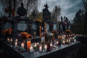 Fototapeta premium Memories at the end of the year: Graveyard adorned, hearts longing., generative IA