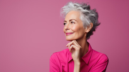 Senior thoughtful woman on pink background looking away. - Powered by Adobe