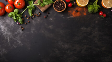 Text field background with vegetables, fruits and spices on a black background. Generative ai - obrazy, fototapety, plakaty