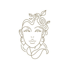 Beauty woman with natural flowers hairstyle monochrome continuous line art logo vector