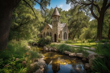 Fototapeta na wymiar Stone chapel surrounded by woodland and stream., generative IA