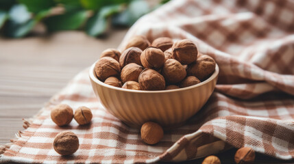 Walnuts in bowl on table. Generative ai
